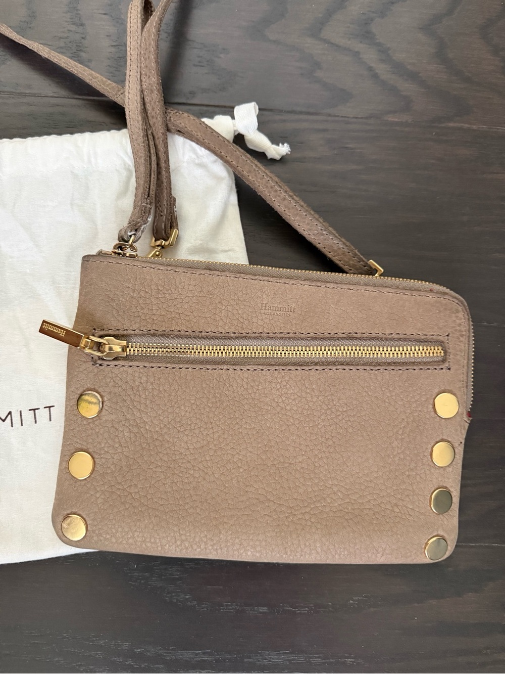 Hammitt Pebbled Taupe Crossbody with Gold Studs